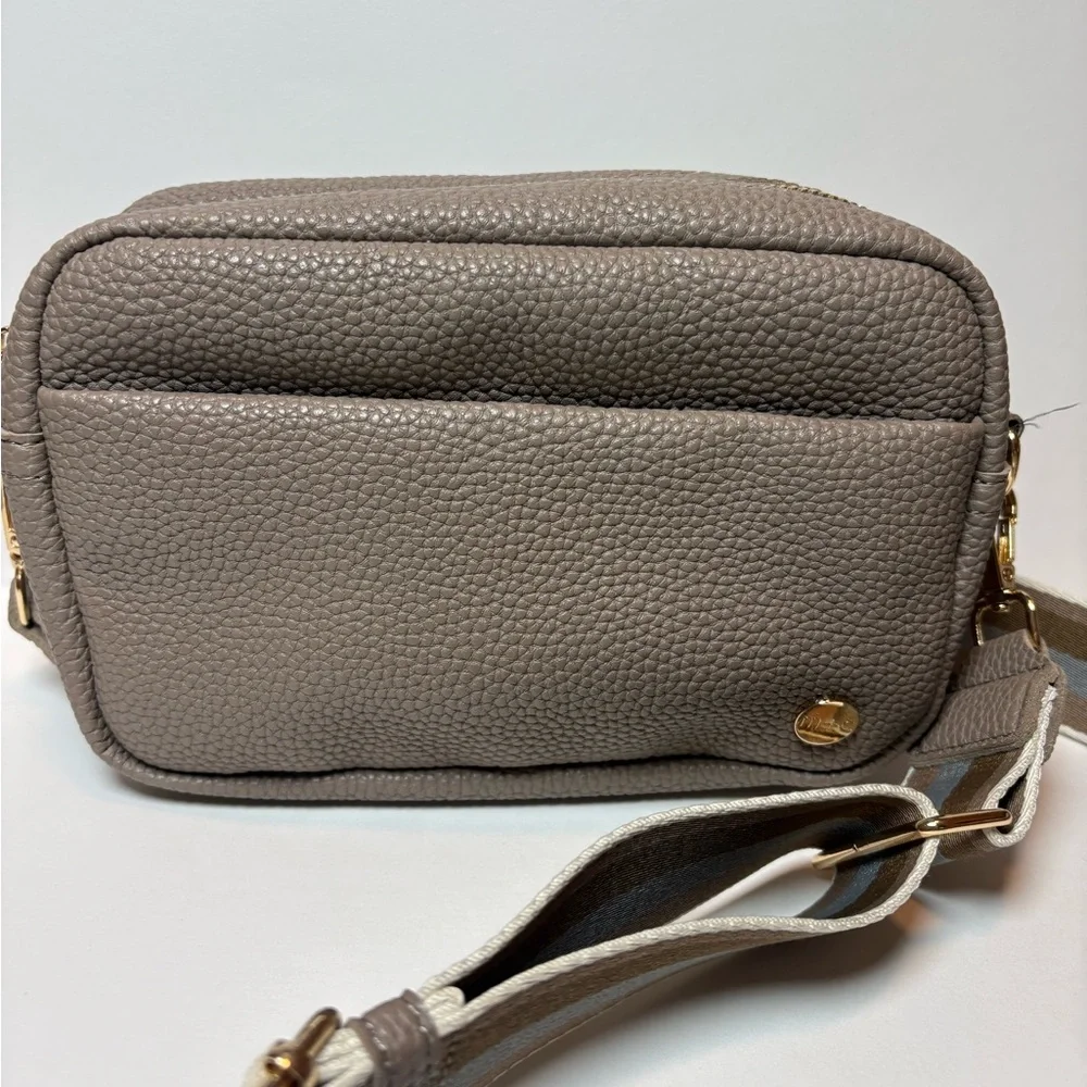 Taupe Pebbled Crossbody Bag with Striped Adjustable Strap - Picture 2 of 5